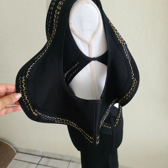 Herve Leger Black One-Shoulder Cutout Dress with Gold Trim - Picture 3 of 10